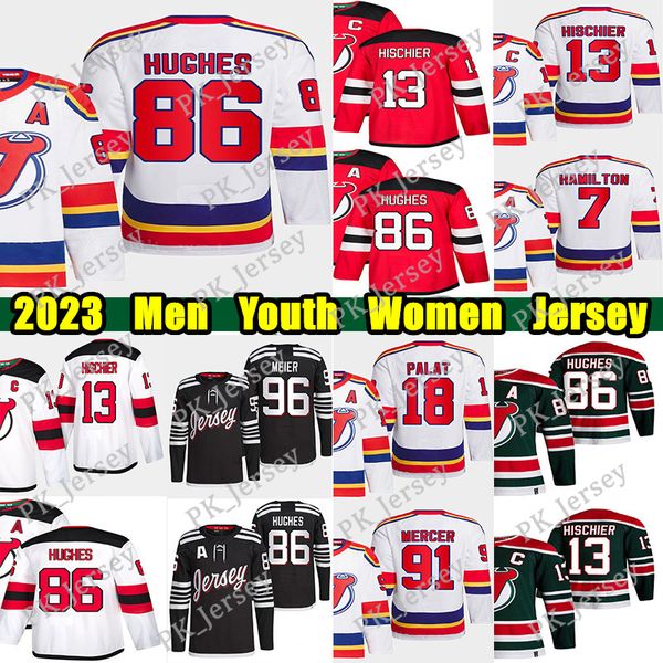 

#86 jack hughes reverse retro hockey jersey #63 jesper bratt nico hischier dougie hamilton ondrej palat scott stevens martin brodeur dawson, Black;red