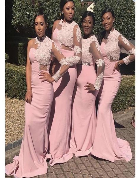 

pink lace bridesmaid dresses long sleeves mermaid sweep train flower bridesmaid dresses maid of honor wedding party dresses70214613246979, White;pink