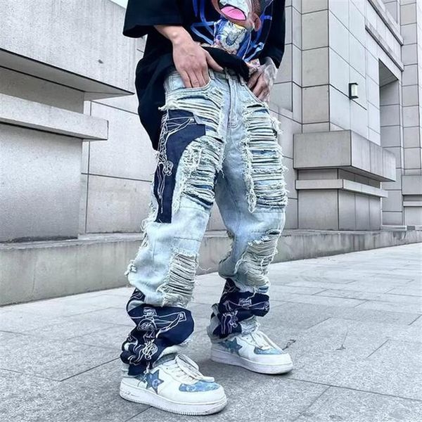 

men's jeans high street hole fringe embroidery pants mens color block tassel ripped retri denim trousers oversize baggy jean249t, Blue