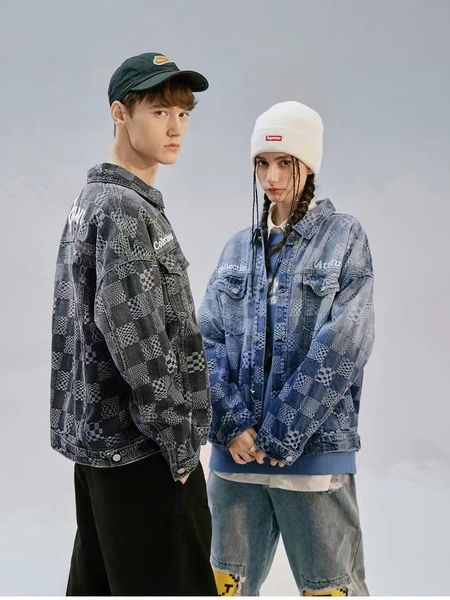 

mens jackets retro european and american style high street trendy denim jacket autumn personalized plaid for both men women 230810, Black;brown