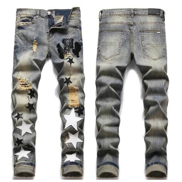 

european trend jean letter star jean men embroidery patchwork ripped jeans trend brand motorcycle pant mens skinny jeans235j, Blue