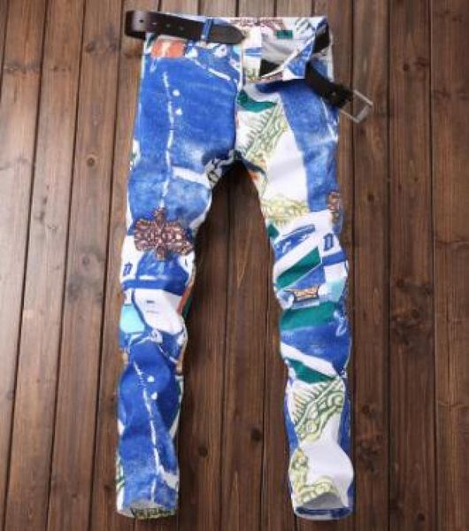 

fashion brand designereuropean american style luxury jeans men039s slim jeans denim trousers white printed casual jeans pants 7744289, Blue