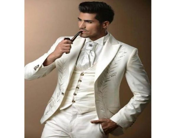 

2019 fashion embroidery groomsmen tuxedo jacketpantsvest bespoke ivoty groom wedding men suit set prom mens suits 3pcs8145224, Black;gray