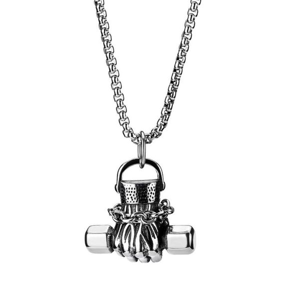 

fashion design men stainless steel holding dumbbell pendant necklace hip hop jewelry 70cm long link chain punk designer necklaces 7926255, Silver