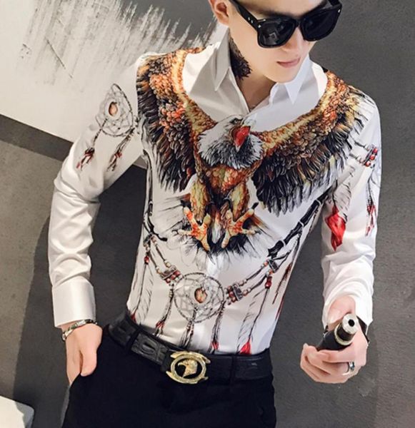 

designer 3d eagle print men shirt dress long sleeve casual slim fit mens social shirts night club bar streetwear clothes camisa mx8200664, White;black