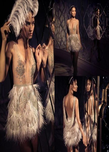 

2019 elihav sasson feather cocktail dresses beading v neck illusion short backless prom dress evening wear party gowns for wo6514539, Black