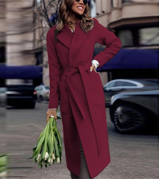 

womens winter lapel wool coat trench casual female warm pocket belt solid long outwear overcoat zer9409488, Black
