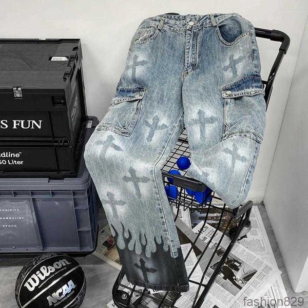

men's jeans punk denim pants flame cross print color block baggy male straight trousers multi-pockets autumn winter, Blue