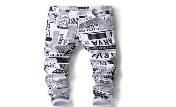 

newspaper printed pattern designer jeans men039s white letter painted elastic skinny pants slim trousers size 2938 5011 high 8206115, Blue