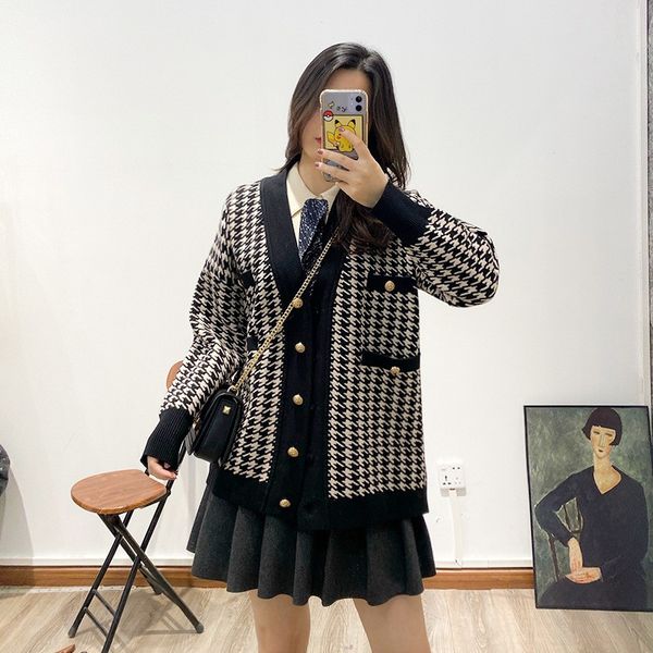 

auth sandro long houndstooth checked oversized knit cardigan 1, 2,3, Black;brown