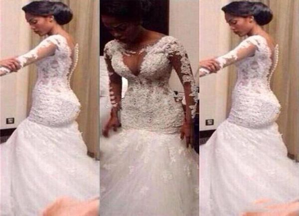 

south african mermaid white wedding dresses long sleeves beaded lace appliques elegant floor length wedding gowns buttonup back b2466017
