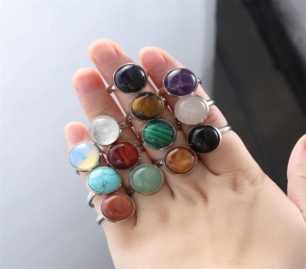 

10mm 12mm natural stone ring white blue turquoise opal pink crystal chakra open ring for women jewelry9875962, Golden;silver