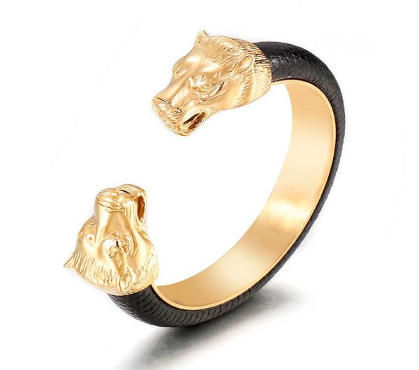 

golden stainless steel lion head open bangles for men elastic adjustable leather bracelets male boys hand accessories jewellery2792777, Black