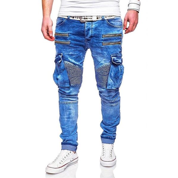 

mens jeans new style casual zipper and multi pocket denim trousers men187d, Blue