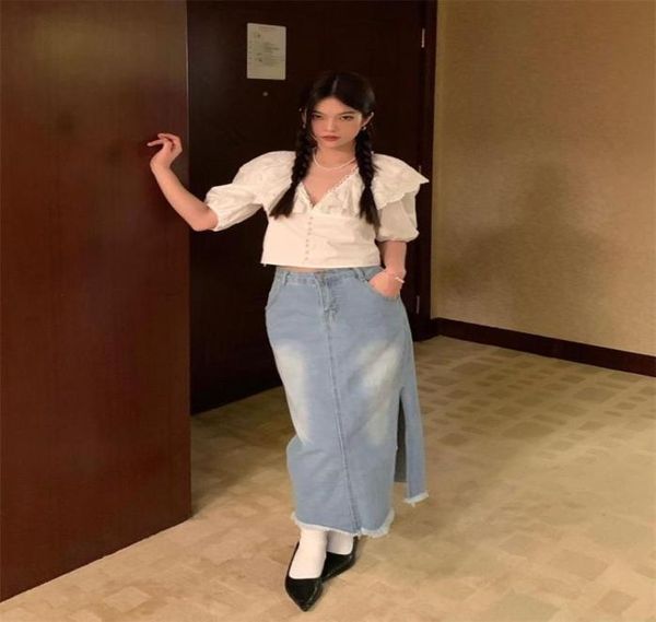 

skirts 2022 summer fashion allmatch temperament design sense light blue high waist slim straight edge slit long denim skirt8839711, Black