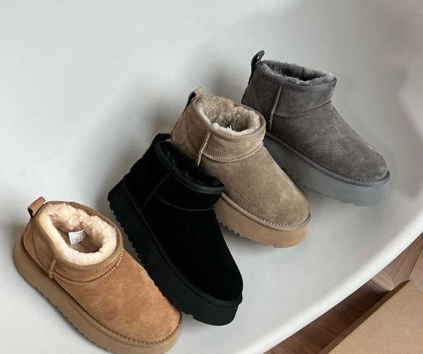 

2022 ultra mini platform boot designer woman winter ankle australia snow boots thick bottom real leather warm fluffy booties with fur73, Black