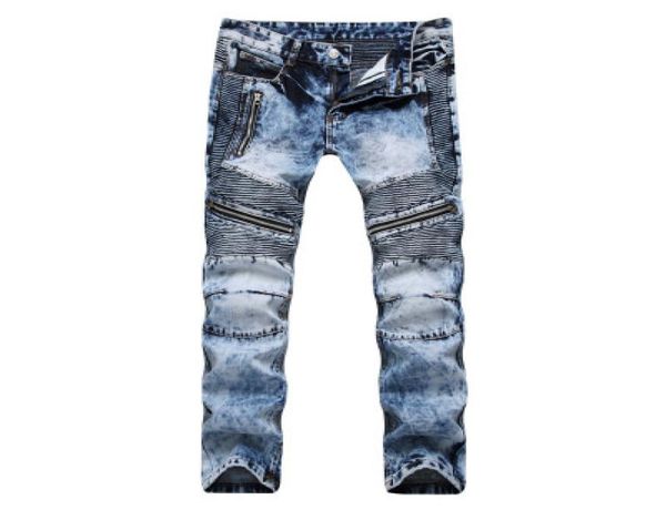 

men039s pleated biker jeans pants slim fit brand designer motocycle denim trousers for male straight washed multi zipper2677819, Blue
