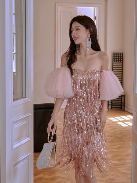 

pink sequin prom dresses with tassels 2023 off shoulder mermaid evening gowns formal party robe de mariee gold new evening formal pageant dr, Black