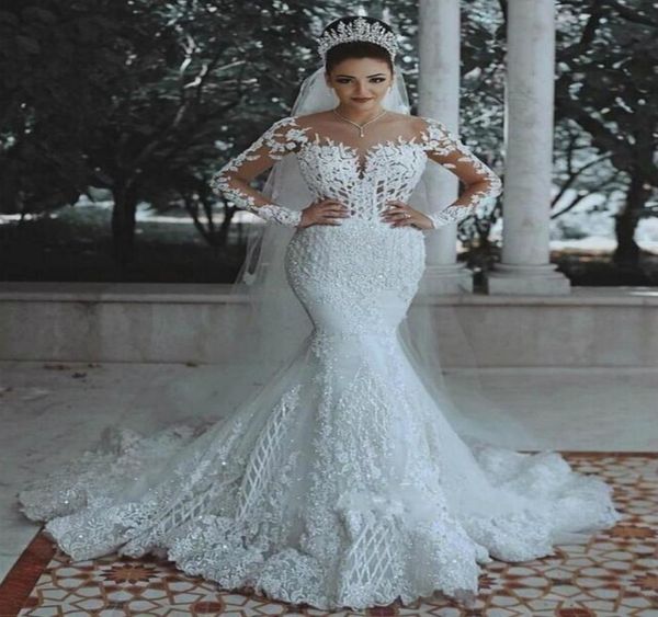 

luxury crystals beads long sleeves plus size wedding dress arabic mermaid illusion with lace appliques3963467, White