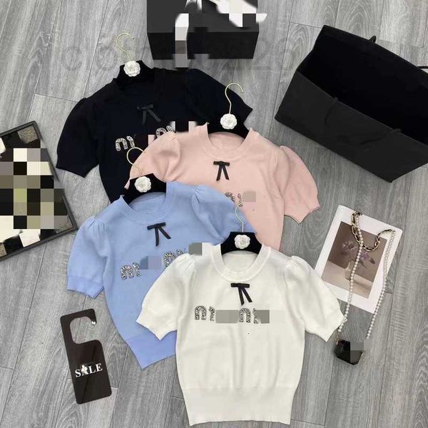 

women's knits & tees designer round neck small fragrant wind bow letter inlaid diamond bubble sleeve short knit shirt 2023 summer new s, White