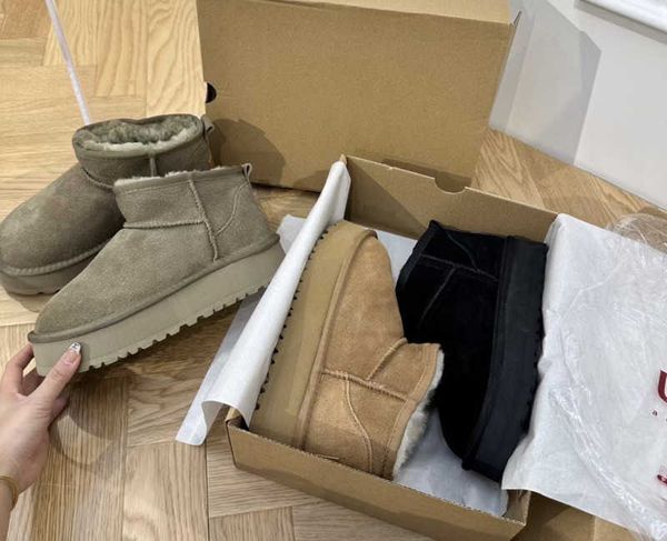 

boot mini platform designer ultra woman winter ankle australia snow thick bottom real leather warm fluffy booties with fur size 35-44, Black