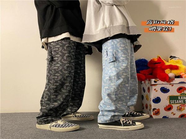 

men039s graphic printing summer straight jeans man 2021 korean fashion hip hop jeans joggers male loose denim pants clothing11656995, Blue