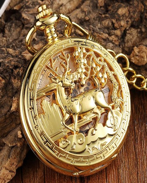 

luxury golden flower deer carving design mechanical pocket watch fob waist chain hollow steampunk skeleton hand wind mens clock3273917, Slivery;golden