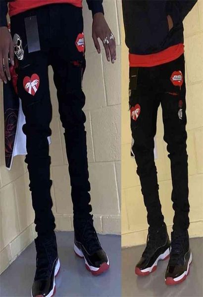 

mens black jeans fashion hip hop skinny printed pattern elastic denim trousers casual waistline jogging pencil pants 2107239833807, Blue