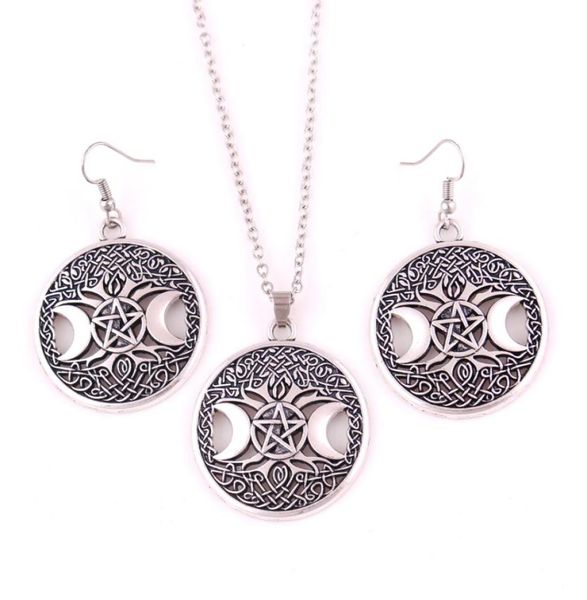 

gold triple moon goddess wicca pentagram magic amulet pendant women tree moon necklaces earring set jewelry5151253, Silver