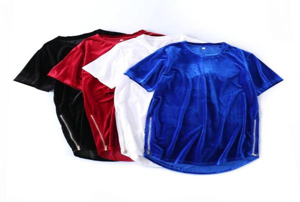 

men039s velvet tshirt harajuku oversized tee side zipper hiphop t shirt for men redblueblack shortsleeve velour tshirt5101502, White;black