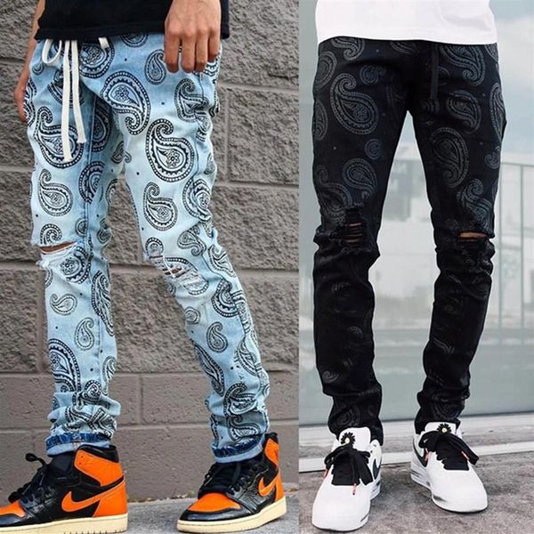 

men's jeans 2021 ripped style streetwear fashion jacquard printing denim trousers casual pencil loose hip hop pants319b, Blue