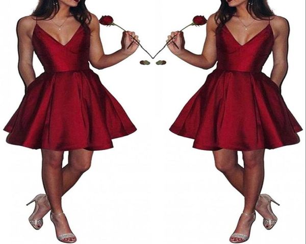 

v neck satin short homecoming dresses spaghetti straps a line knee length formal party gowns short prom dresses bm04481800551, Blue;pink