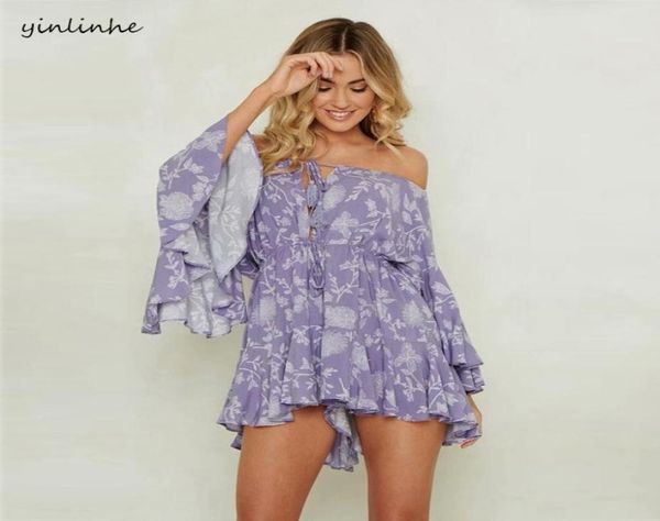 

yinlinhe boho loose beach playsuit women summer short rompers women jumpsuit lace up off shoulder purple floral overalls 7474718029, Black;white