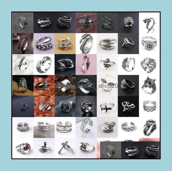 

band rings jewelry 49pcslot men women retro stainless steel animal claw dragon feather adjustable ring hip hop alloy punk gifts d2352901, Silver