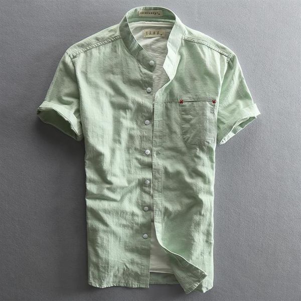

slim fit mandarin collar short sleeve linen cotton shirt men white green dark blue men's casual summer shirts with pocket201h, White;black