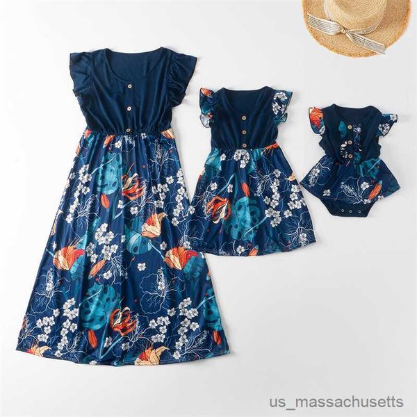 

family matching outfits summer family matching outfits look ruffled sleeve mother daughter dresses flower mommy and me clothes father son co, Blue