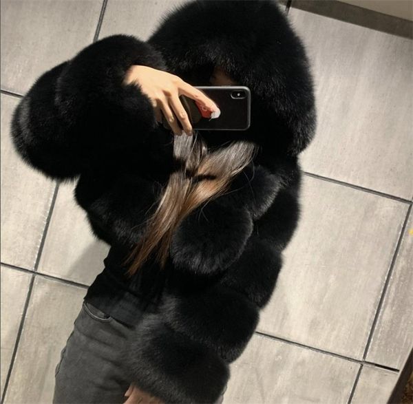 

cropped faux fur coat autumn women furry faux fur jacket with hood female winter cropped coats fluffy warm fashion 2010165319316, Black