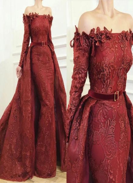 

2020 burgundy evening dresses with detachable train lace appliqued overskirt mermaid prom dress long sleeve arabic dubai formal go4678908, Black;red
