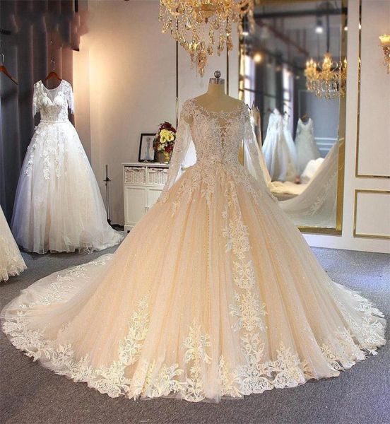 

arabic vintage lace appliques ball gowns wedding dresses 2020 sheer jewel neck long sleeves tulle applique beaded bridal wedding g2721539, White