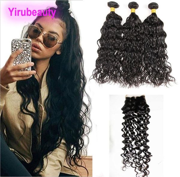 

water wave 3 bundles with 4x4 lace closure peruvian human hair extensions bundles with baby hair 4 pieces one lot 1028inch2624387, Black;brown