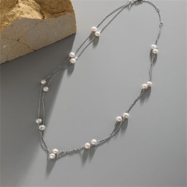 

925 sterling silver double layer chain choker necklaces for women natural freshwater pearl necklace wedding party gifts, Golden;silver