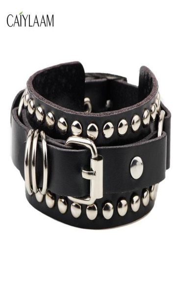 

charm bracelets caiylaam punk style rivet leather for women rock jewelry black and white men hip hop couple5795244, Golden;silver