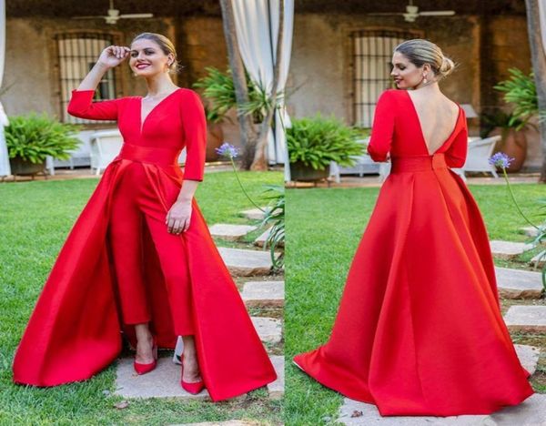 

red jumpsuit evening party formal occasion dresses 34 long sleeves prom gowns with detachable train vestidos6483906, Black;red