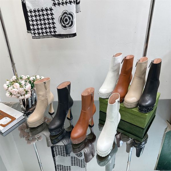 

designer luxury women winter boots snow genuine leather rhine-drill waterproof platform high-heeled ankle boots, Black