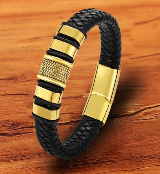 

charm gold wristband stainless steel genuine leather men bracelet whole accessories jewelry gold black magnetic bangles2210939, Golden;silver