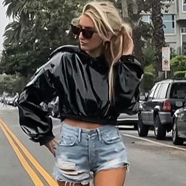 

womens hoodies sweatshirts women style pu leather shiny short cropped hoodie jacket fashion smooth allmatch hood collar slim fit 230810, Black