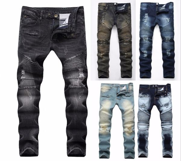 

fashion hip hop patch men retro jeans knee rap hole zipped biker men loose slim destroyed torn ripped denim man jeans denim jeans 2792528, Blue