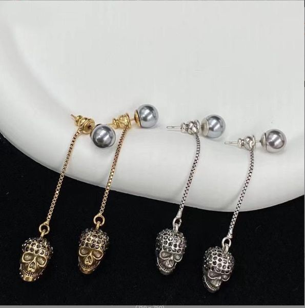 

dangle & chandelier fashion jewelry popular brand black pearl water diamond long chain skull head earrings retro 925 silver needle earrings
