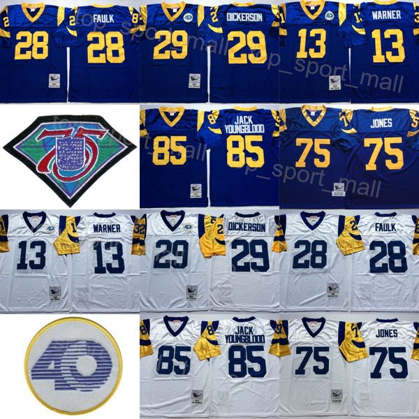 

retro football 13 kurt warner jersey 1985 40th 1979 1999 vintage 28 marshall faulk 85 jack youngblood 29 eric dickerson 75 deacon jones 36 j, Black;red
