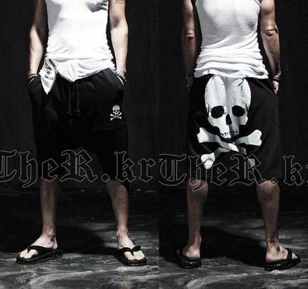 

summer skull male calflength printed pants mens slim hip hop short pants mid trousers active casual loose harem pants 2011186356995, Black